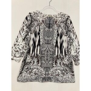World Unity Top XL Brown White Paisley Ikat V-Neck Rhinestone 3/4 Sleeve Boho